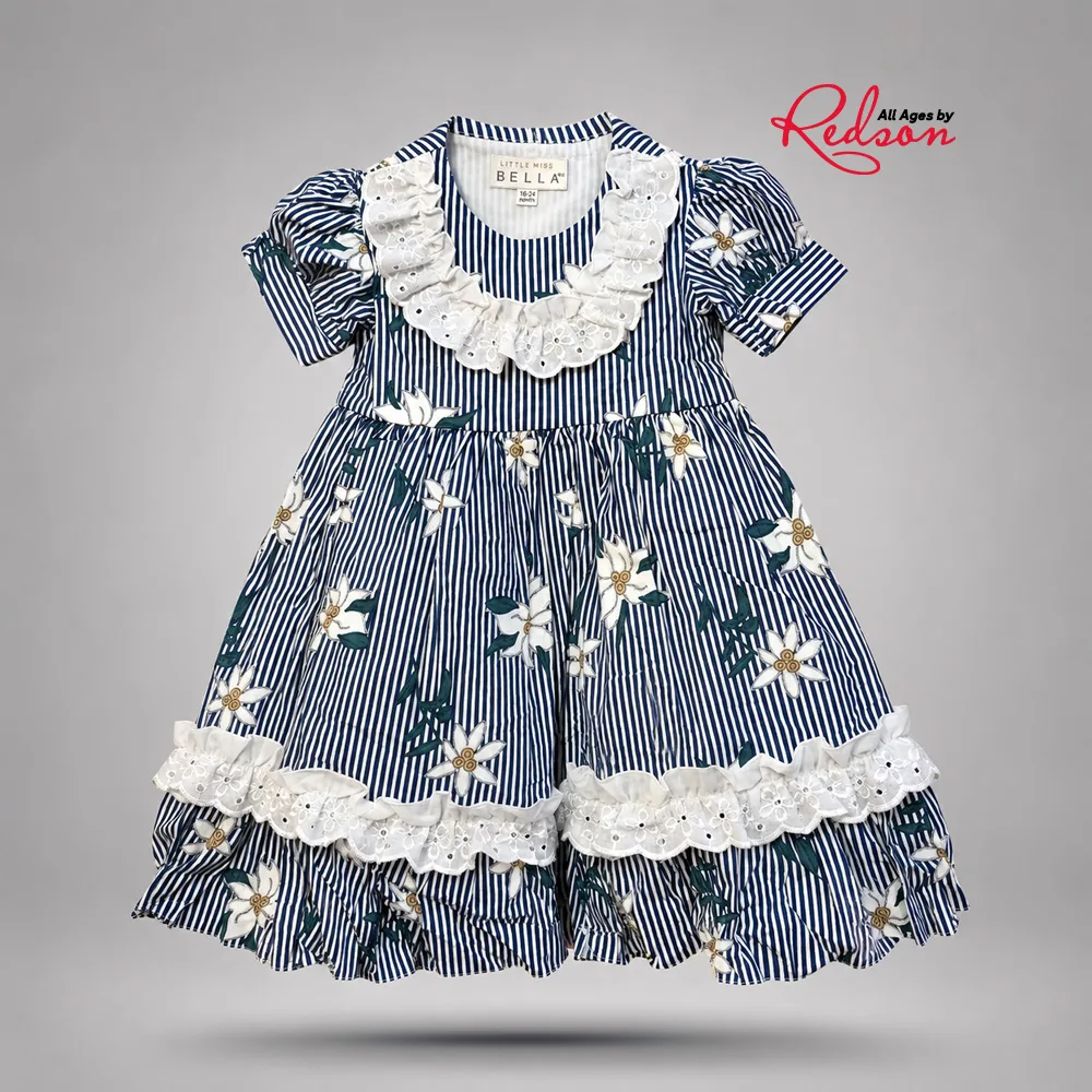 Girls’ Navy & White Floral Stripe Ruffle Dress