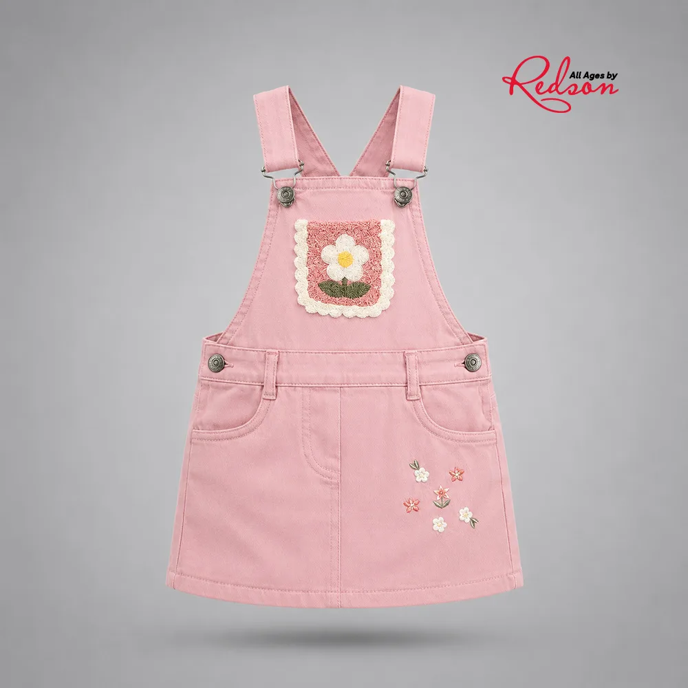 Girls’ Pink Floral Embroidered Pinafore Dress