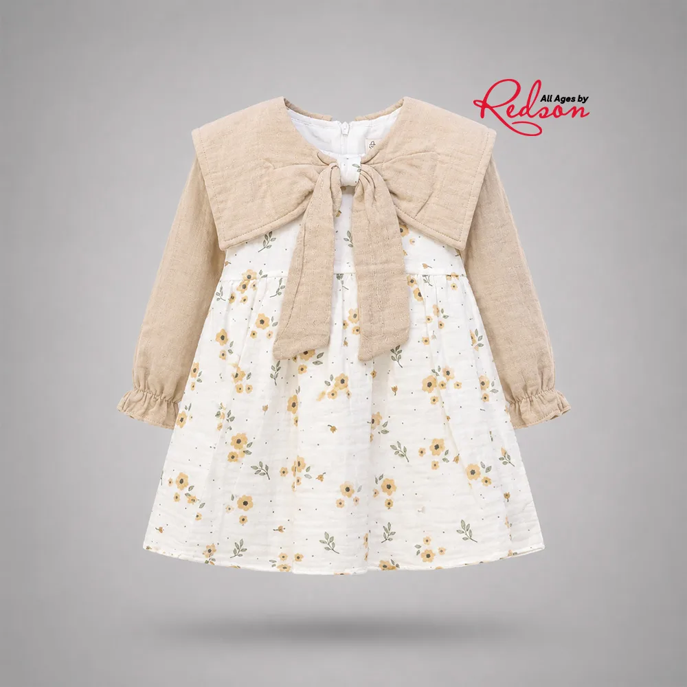 Girls’ Cream Floral Bow Dress Set
