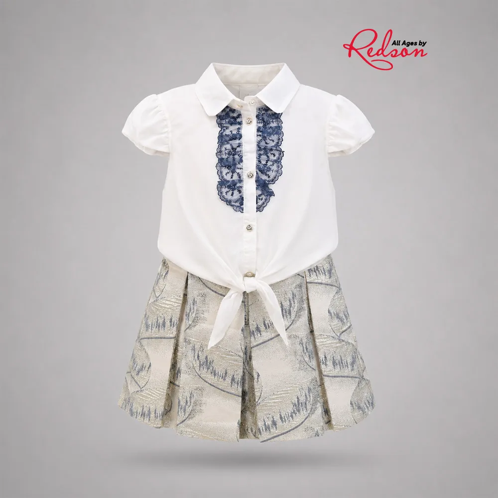 Girls’ White Lace Blouse & Patterned Skirt Set