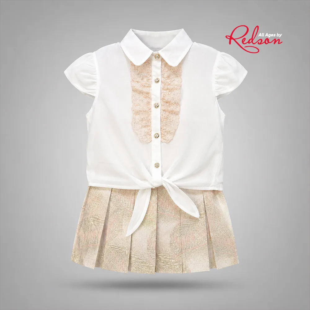 Girls’ White Lace Front Blouse & Champagne Pleated Skirt Set