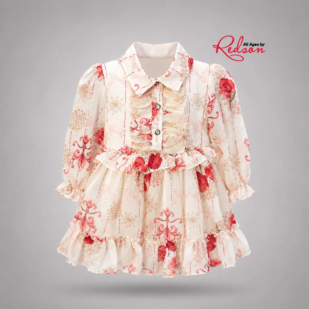 Girls’ Red & Cream Floral Ruffle Party Dress