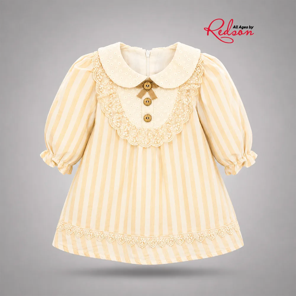 Girls’ Cream & Gold Striped Lace Collar Dress