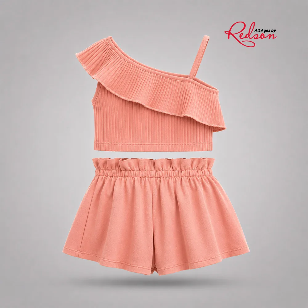 Girls’ Coral One Shoulder Ruffle Top & Shorts Set