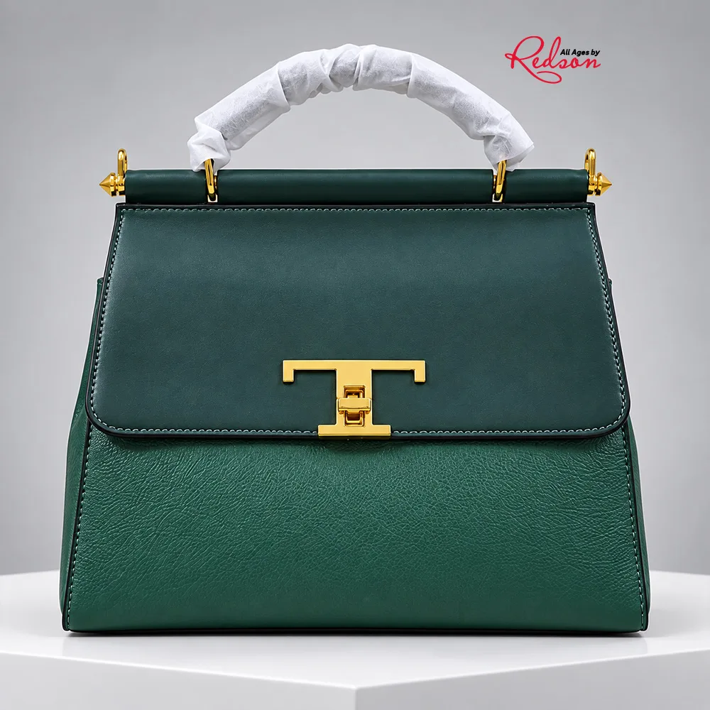 Dafengli Emerald Green Structured Top Handle Handbag