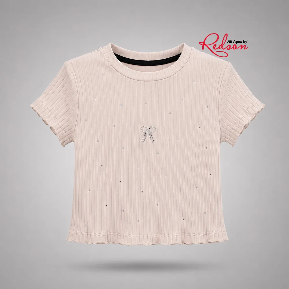Girls’ Ribbed Bow Embellished T-Shirt
