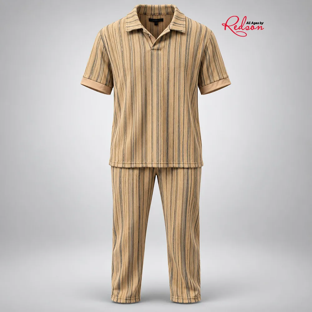 Beige Striped Polo Shirt & Trousers Set