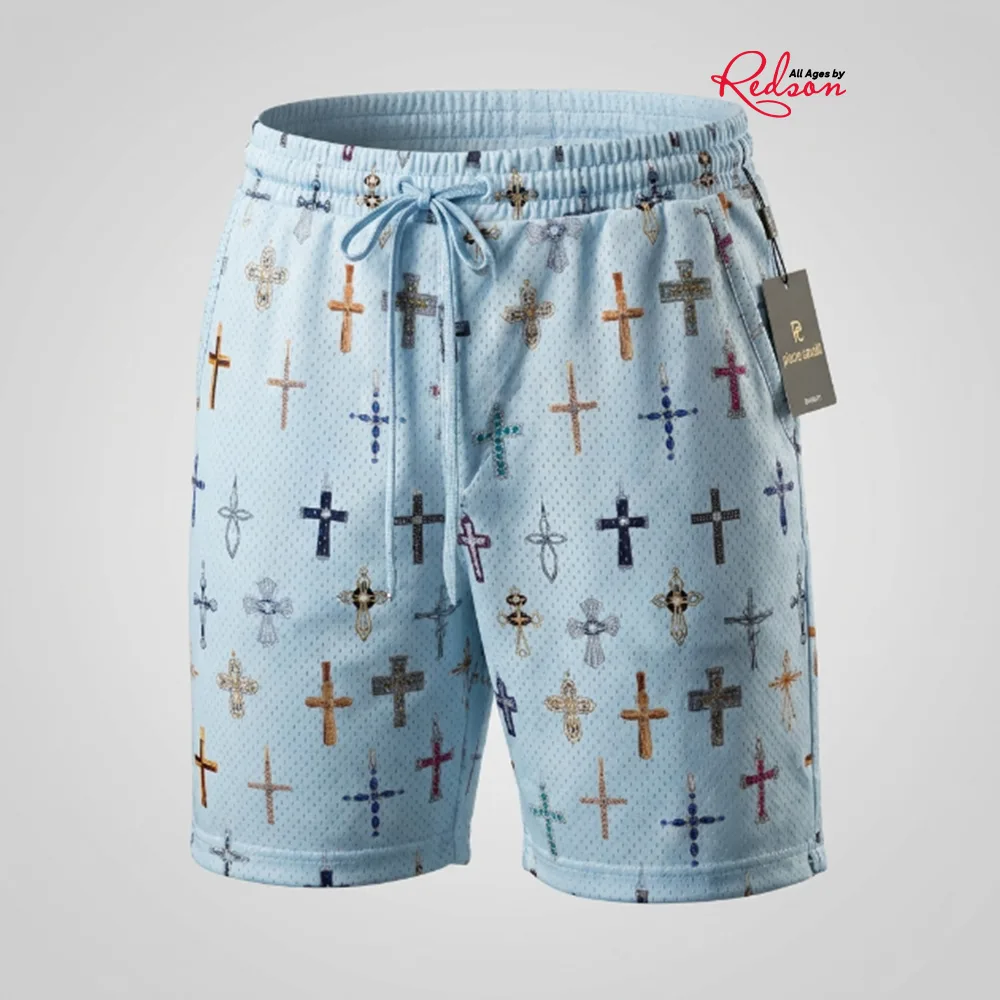 Cross Print Drawstring Mesh Shorts