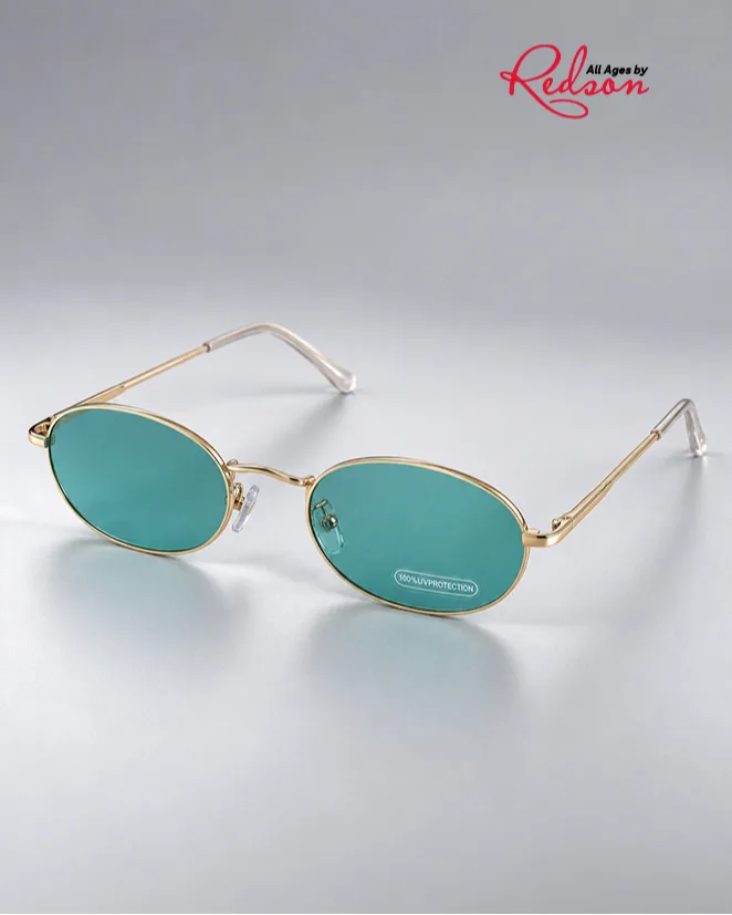 Gold Rimmed Oval Blue Tinted Fashion Sunglasses
