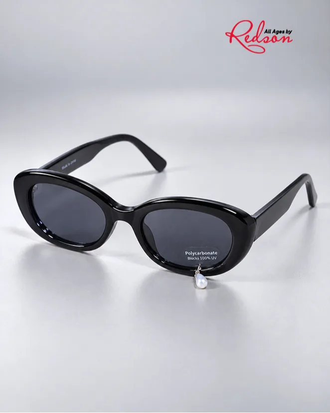 Black Oval Fashion Sunglasses With Pearl Accent