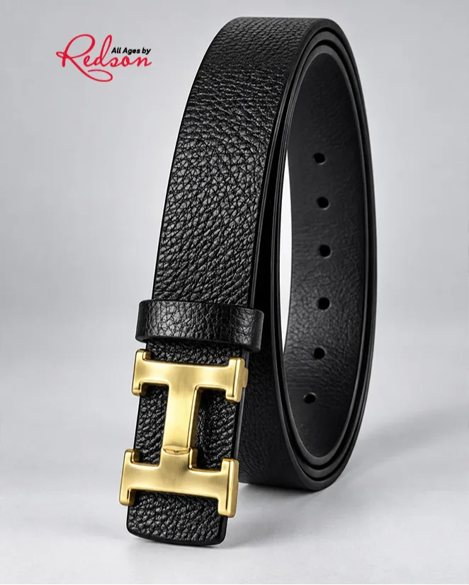 Black Textured Leather Style Belt With Gold H Buckle