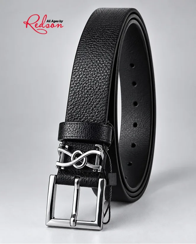 Black Textured Leather Style Belt With Silver Interlocking Buckle