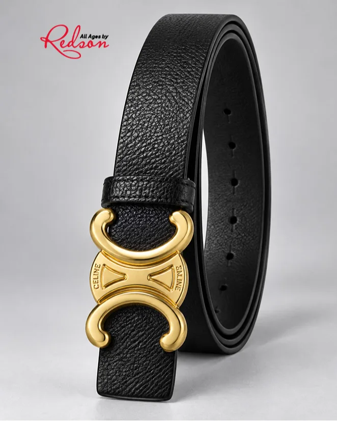 Black Textured Leather Style Belt With Gold Horseshoe Buckle