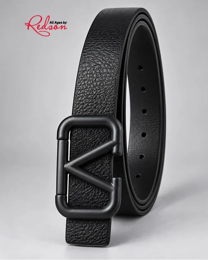 Black Textured Leather Style Belt With Matte Black Double Frame Buckle