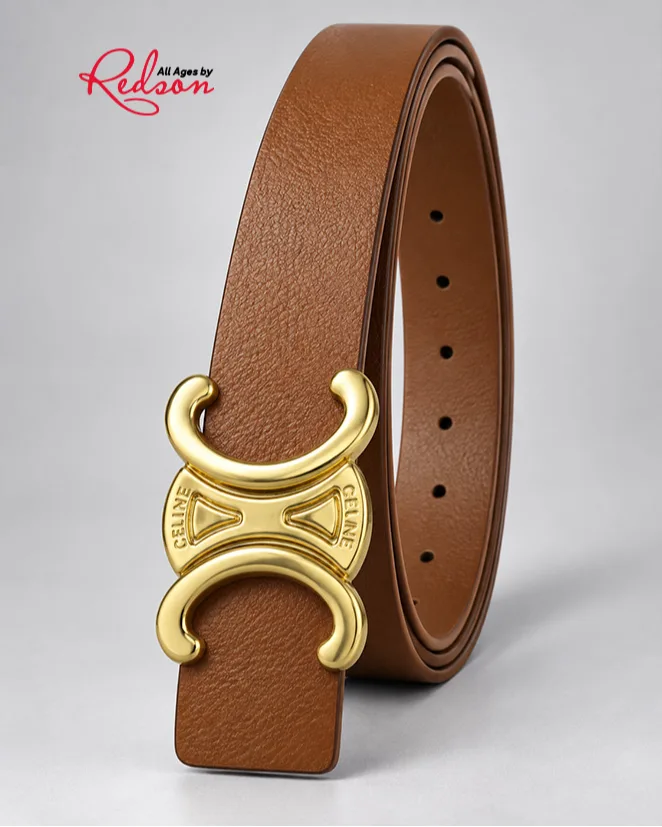 Brown Textured Leather Style Belt With Gold Horseshoe Buckle