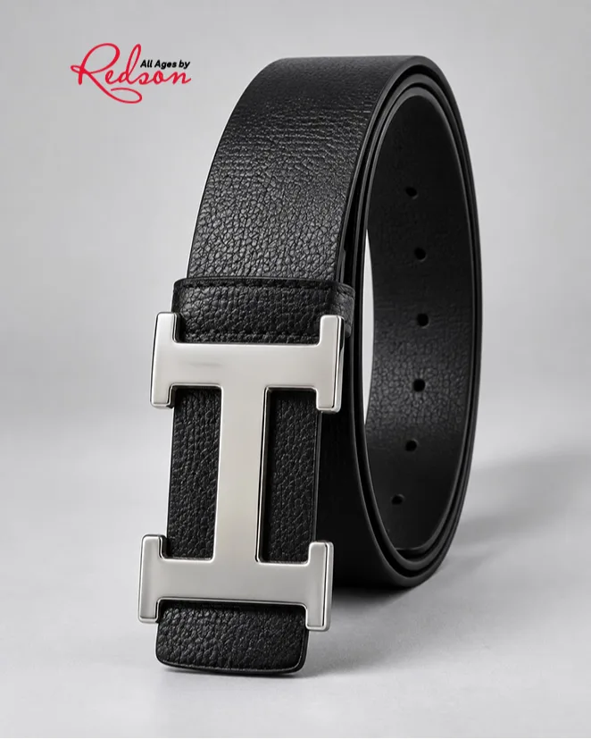 Black Textured Leather Style Belt With Silver H Buckle