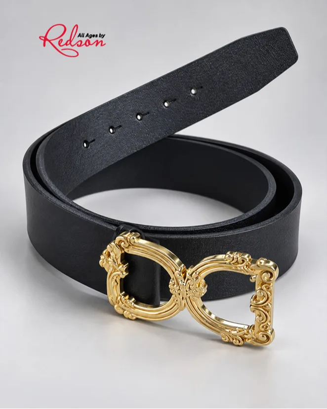 Black Leather Style Belt With Ornate Gold Double Buckle
