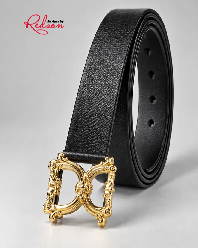 Black Textured Leather Style Belt With Ornate Gold Double Buckle