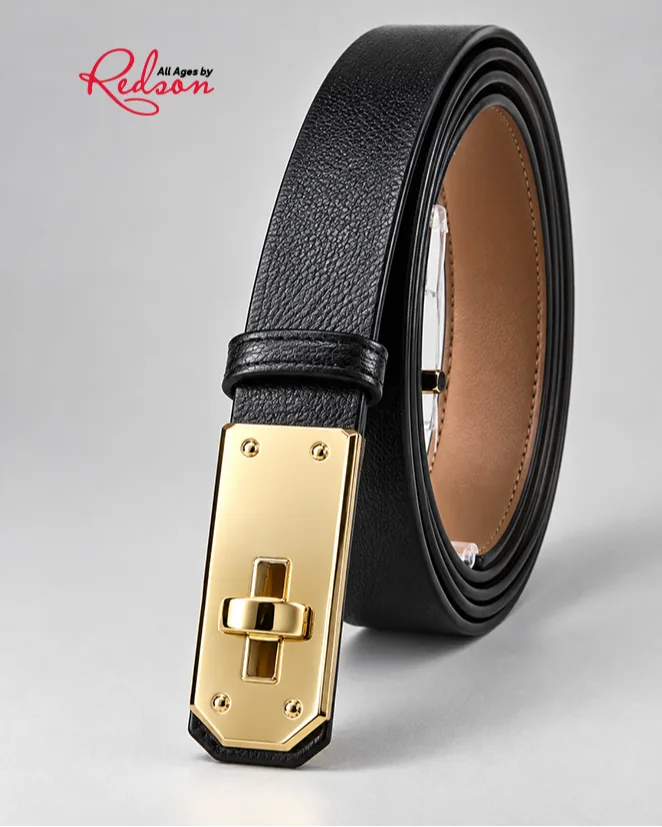 Black Textured Leather Style Belt With Gold Rectangular Buckle