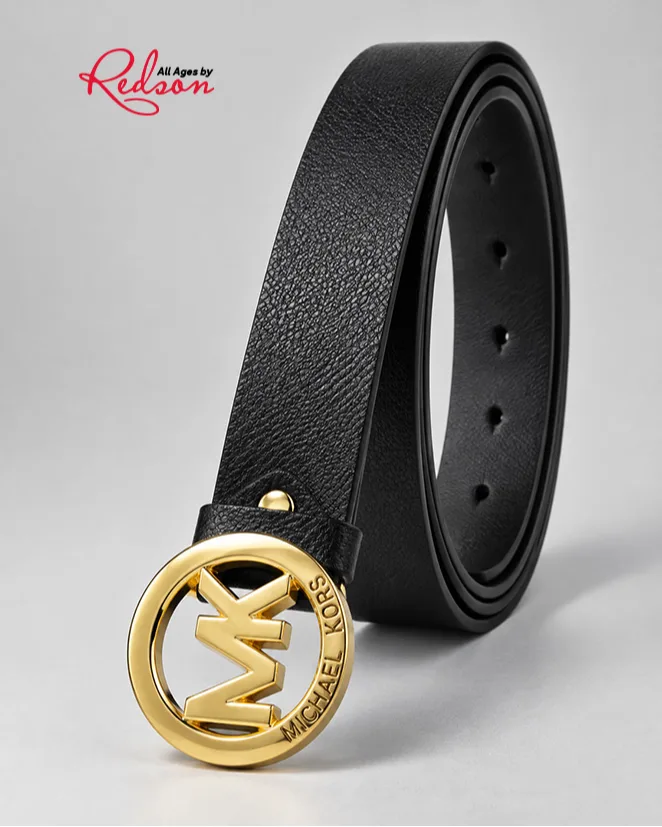 Black Textured Belt With Gold Mk Logo Buckle