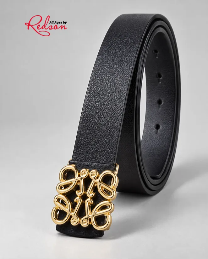 Black Textured Belt With Ornate Gold Decorative Buckle