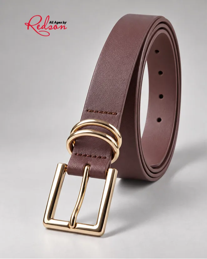 Brown Leather Style Belt With Gold Double Ring Buckle