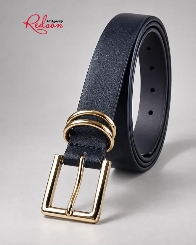 Black Leather Style Belt With Gold Double Ring Buckle