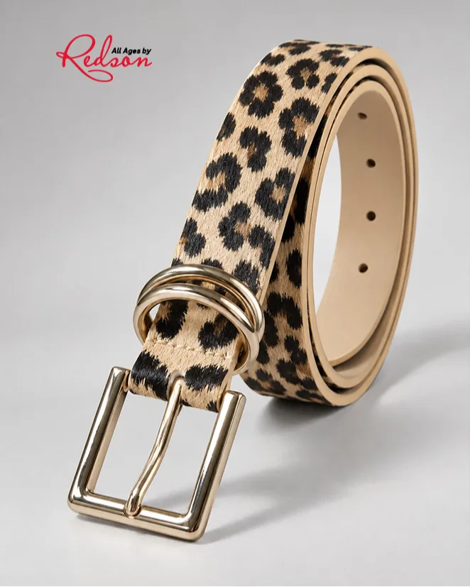 Leopard Print Leather Style Belt With Gold Double Ring Buckle