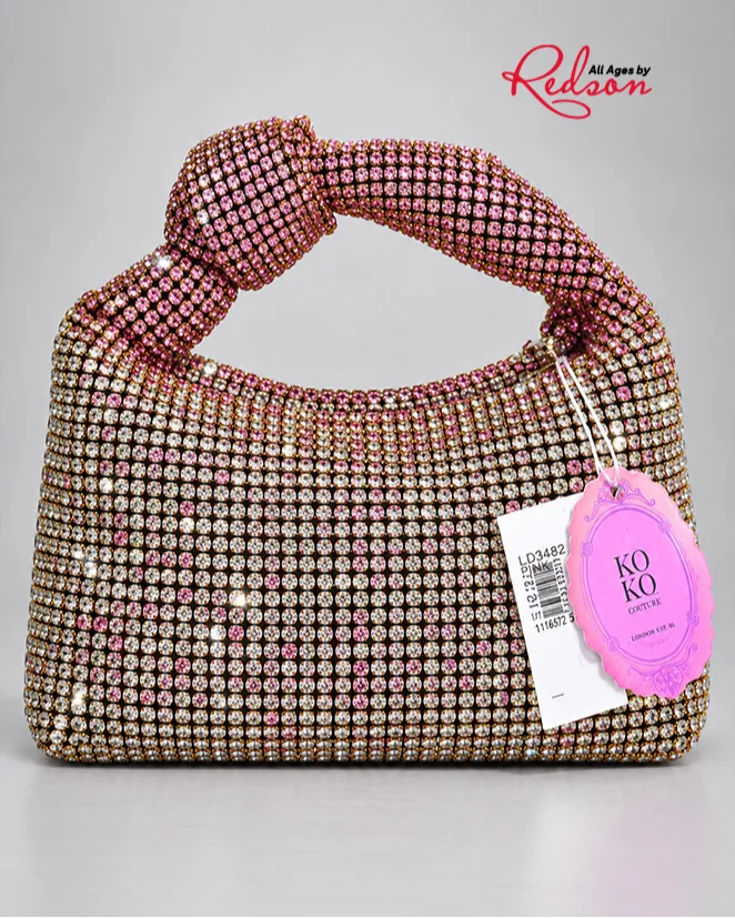 Koko Couture Rhinestone Crystal Mesh Handbag Pink & Silver