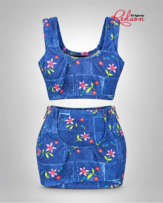 Women’s Floral Denim Print Crop Top & Mini Skirt Set