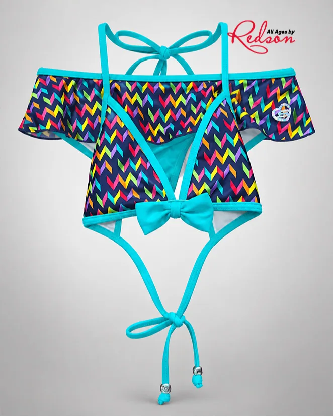 Girls’ Multicolour Chevron Print Bikini Set With Bow Detail