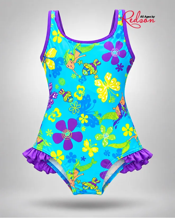 Girls’ Mermaid & Floral Print Ruffle Swimsuit