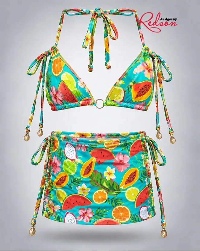 Women’s Tropical Fruit Print Bikini & Cover Up Skirt Set