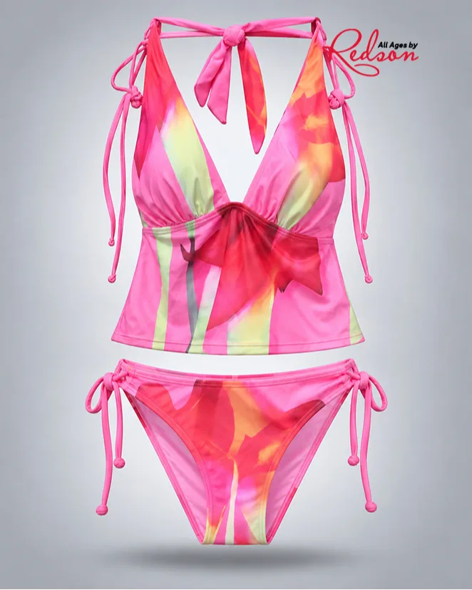 Women’s Pink Tie Dye Halter Bikini & Swim Skirt Set