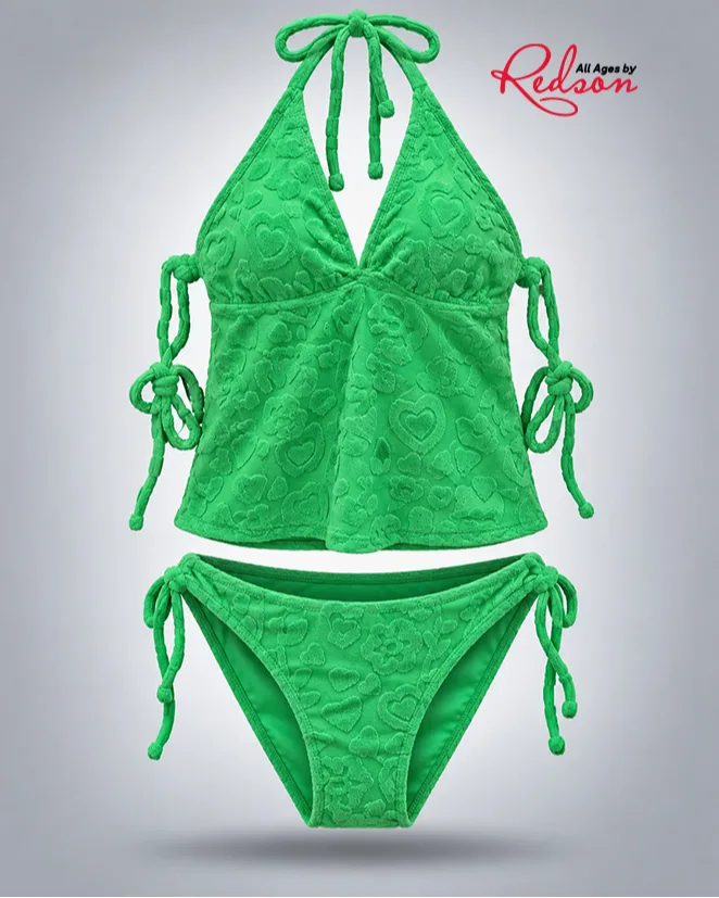 Women’s Green Textured Halter Swim Top & Bikini Set