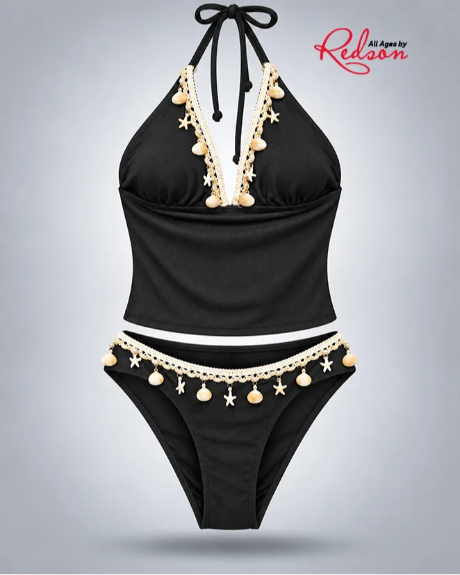 Women’s Black Halter Swim Top & Bikini Set With Shell Details