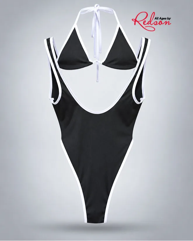 Women’s Black & White Halter Monokini Swimsuit