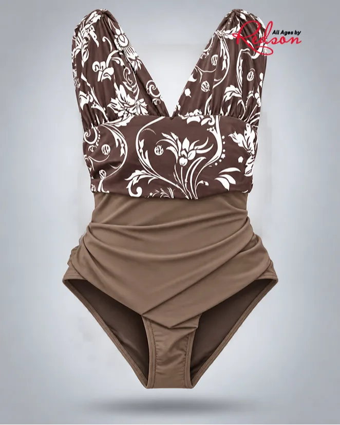 Women’s Brown Floral Print Ruched One Piece Swimsuit