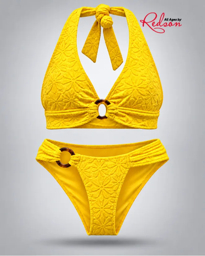 Women’s Yellow Textured Halter Bikini Set