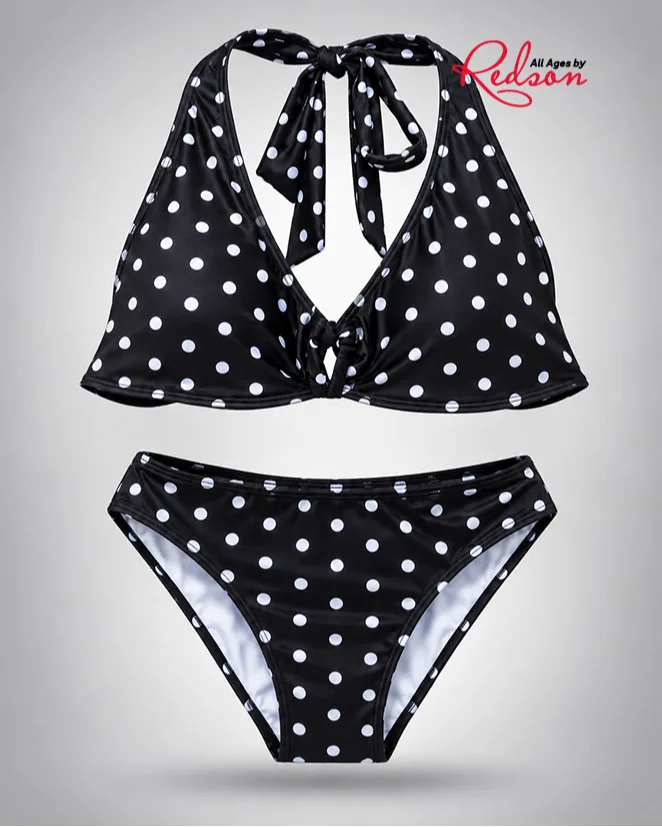 Women’s Black & White Polka Dot Halter Bikini Set
