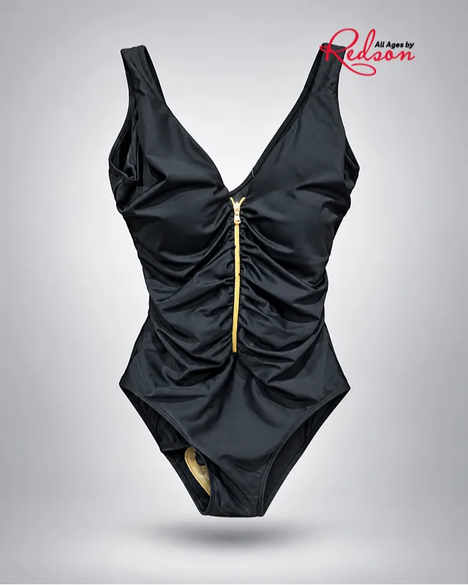 Women’s Black Ruched One Piece Swimsuit With Front Zipper