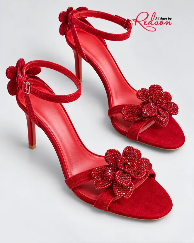 Women’s Red Floral Embellished Ankle Strap High Heels