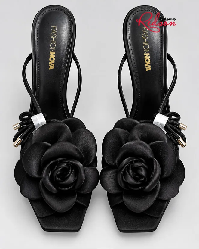 Fashion Nova Black Floral Rose Slide Heels