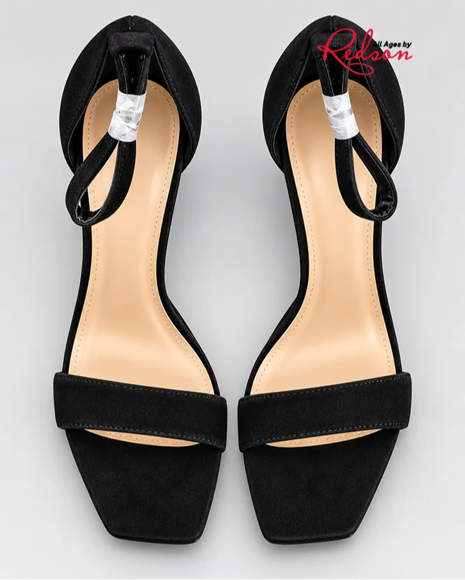 Women’s Black Square Toe Ankle Strap Heels