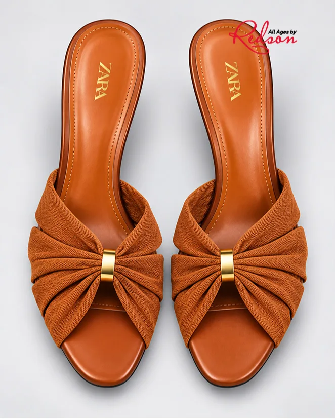 Zara Brown Ruched Bow Slide Sandals