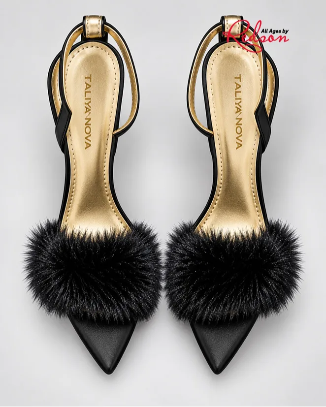 Tallyanova Black Feathe Trimmed Pointed Toe Heels