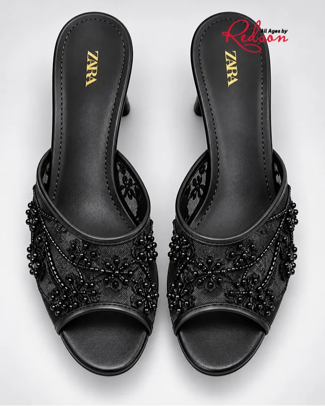 Zara Black Beaded Floral Mesh Heeled Sandals