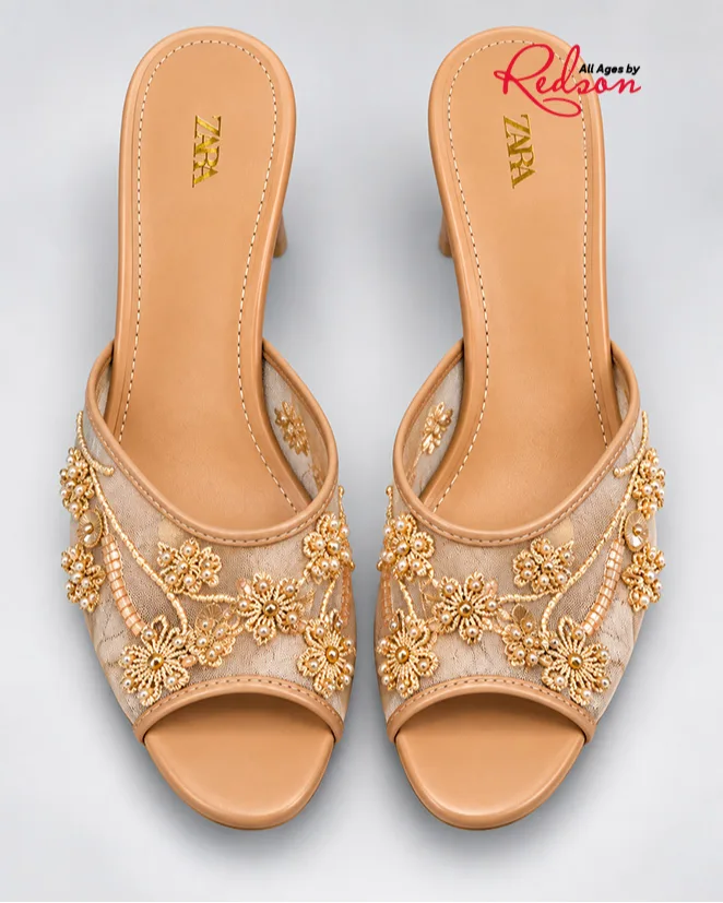Zara Nude Embellished Floral Heeled Sandals
