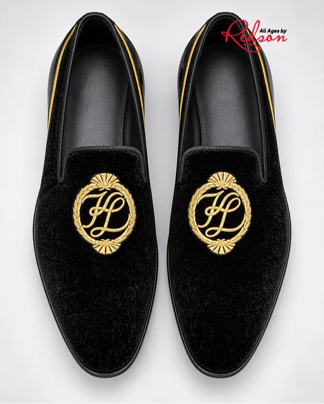 Men’s Black Velvet Loafer With Gold Emblem