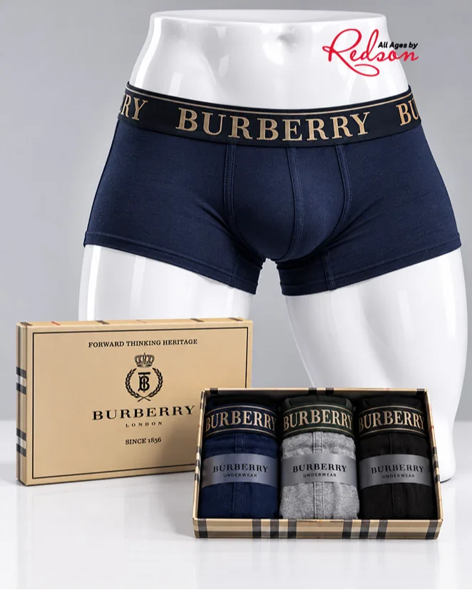 Men’s Burberry 3 Pack Boxer Briefs Gift Set – Navy Blue, Grey & Black